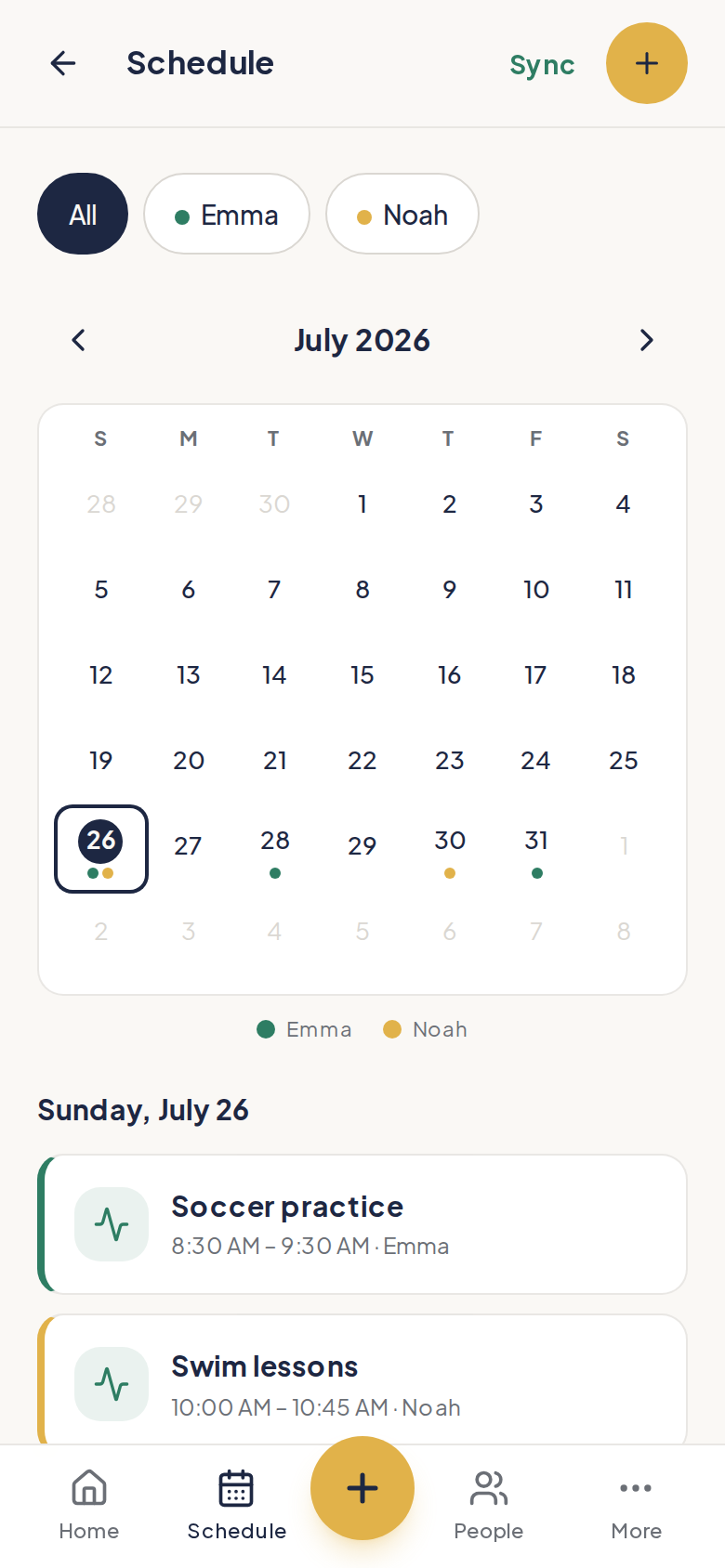 The shared family calendar with activities and appointments