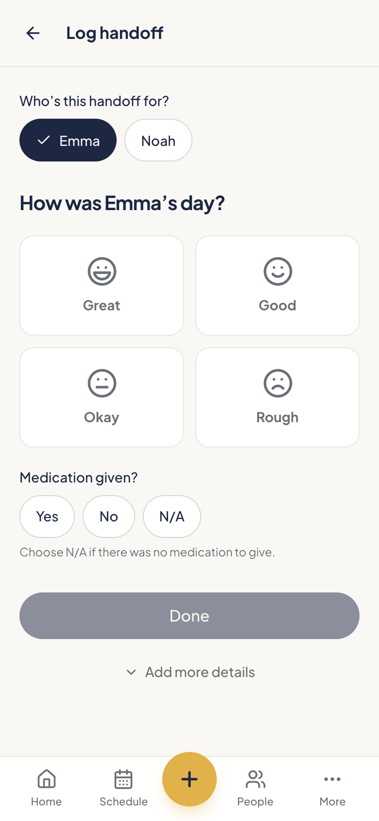 A handoff log capturing mood, meals and medication