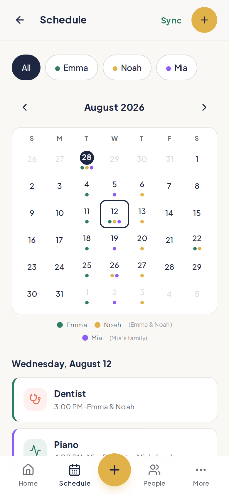 The combined household calendar, showing every child's schedule in one view