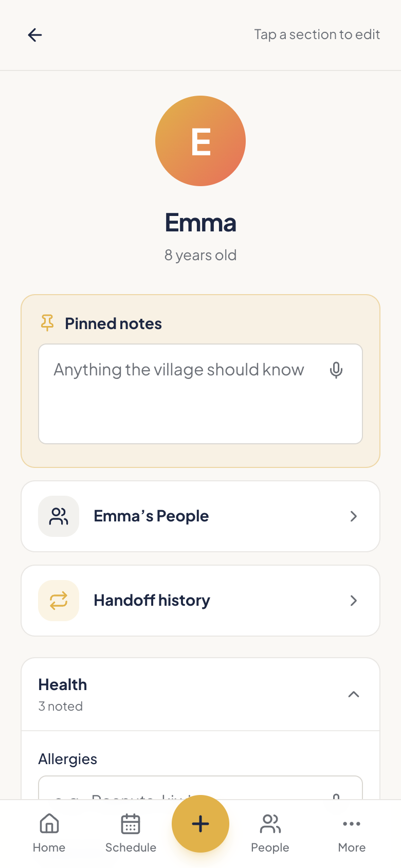 A child's profile showing health, food and routine details